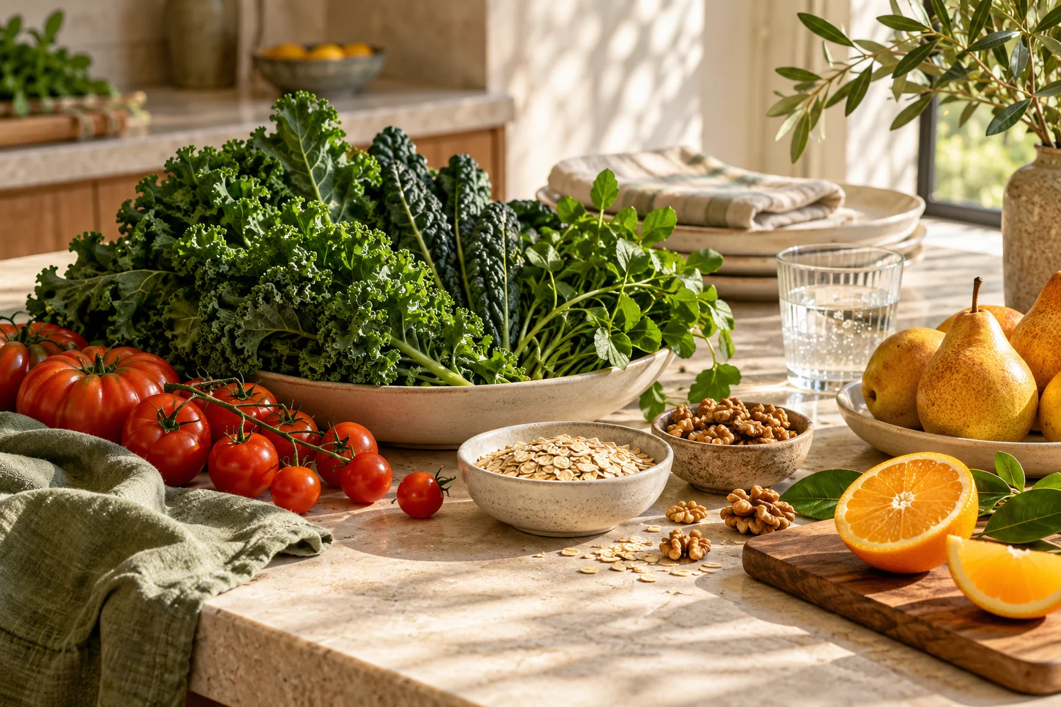 Fresh produce and whole grains in warm natural light